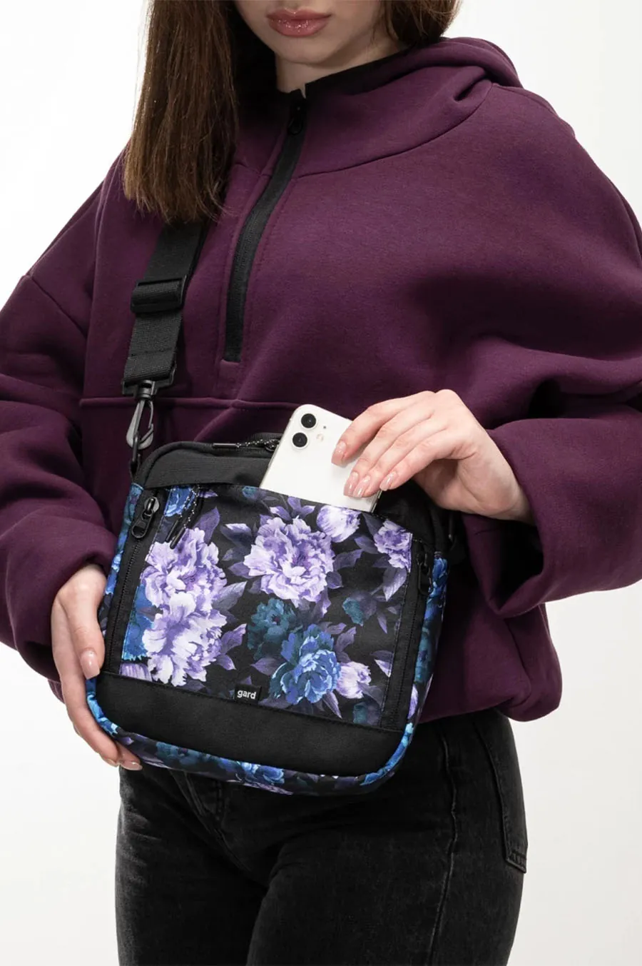 Messenger Gard Bag over Kvadrat's shoulder | purple flowers 1/24 black
