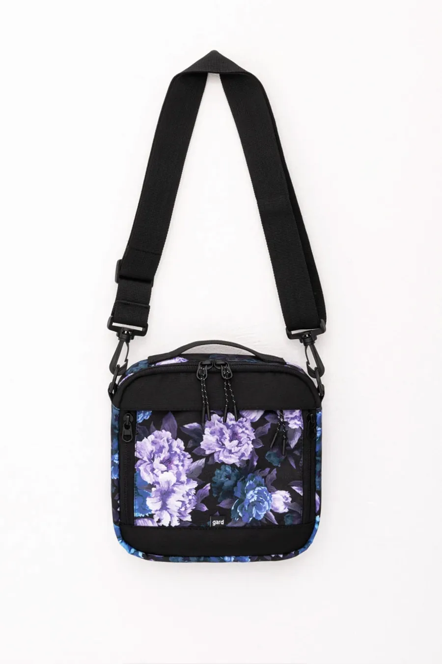 Messenger Gard Bag over Kvadrat's shoulder | purple flowers 1/24 black