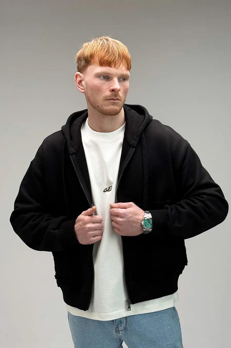 GARAGE zipper hoodie oversize diagonal cotton Black