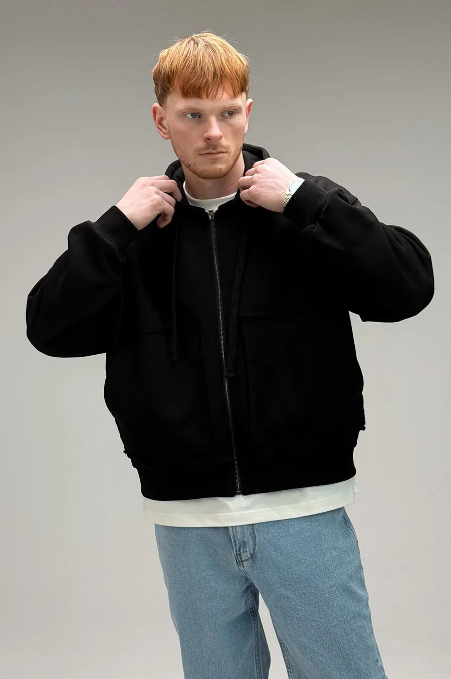 GARAGE zipper hoodie oversize diagonal cotton Black
