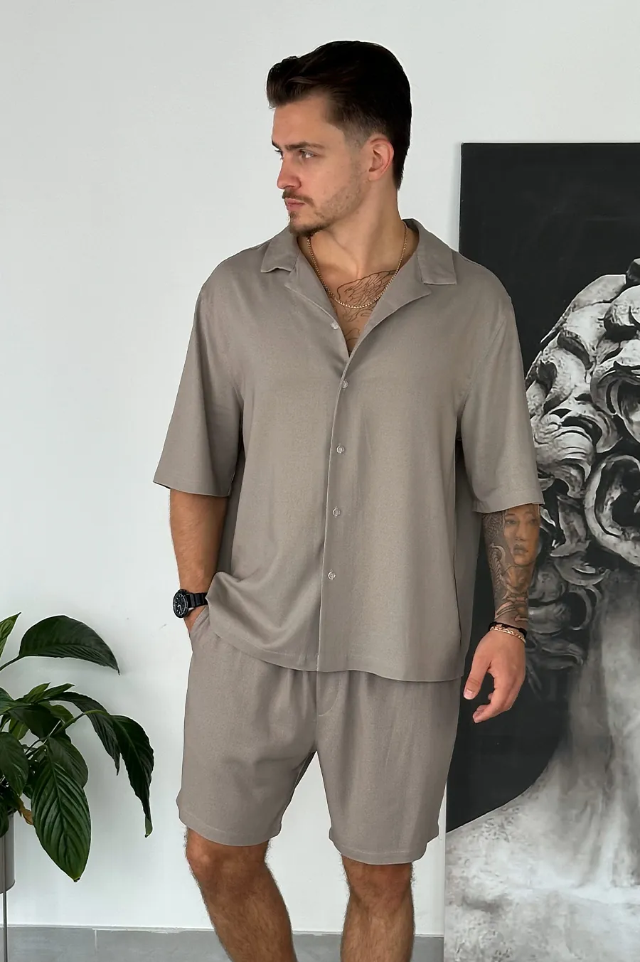 GARAGE shirt with stand-up collar Cappuccino