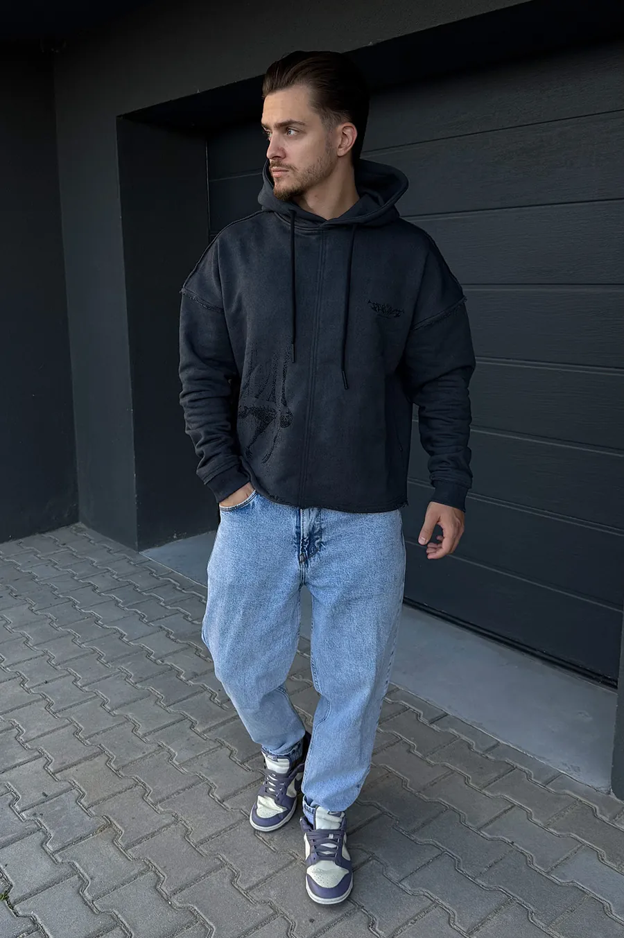 Худі GARAGE укорочений з ефектом виварювання Т.Сірий