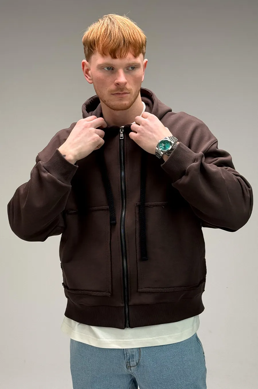 GARAGE zipper hoodie oversize made of diagonal cotton Chocolate
