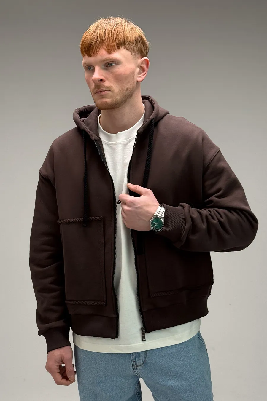 GARAGE zipper hoodie oversize made of diagonal cotton Chocolate
