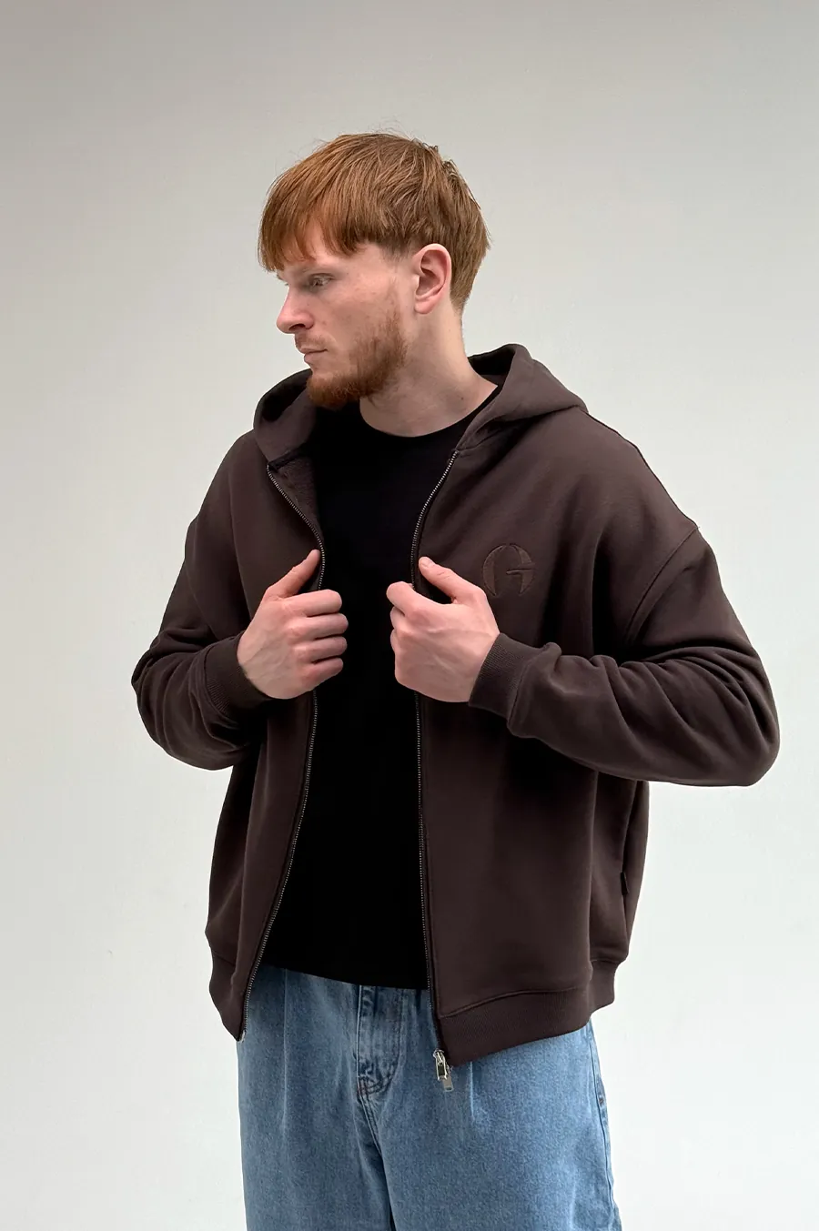 GARAGE Black Island diagonal cotton zip-up hoodie with Chocolate embroidery