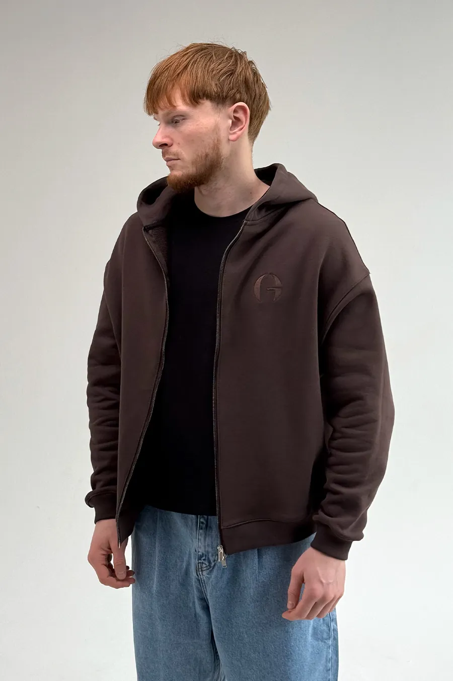 GARAGE Black Island diagonal cotton zip-up hoodie with Chocolate embroidery