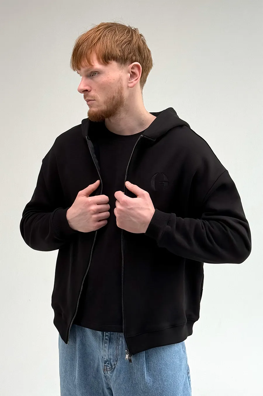 GARAGE Black Island Diagonal Cotton Zip Up Hoodie Black