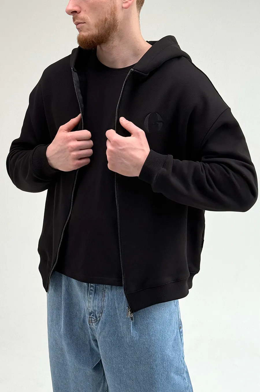 GARAGE Black Island Diagonal Cotton Zip Up Hoodie Black