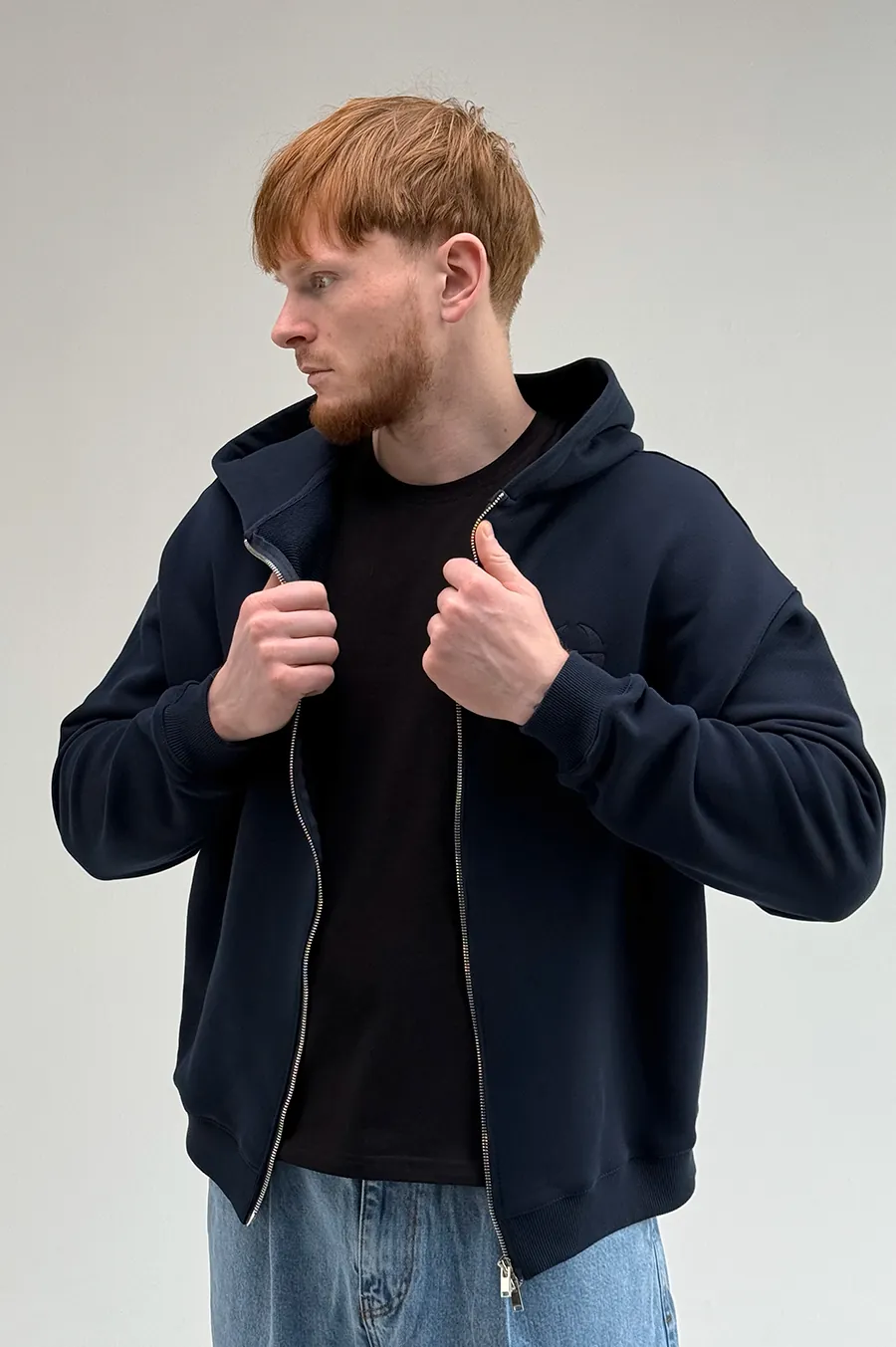 GARAGE Black Island diagonal cotton zip-up hoodie with T. Blue embroidery