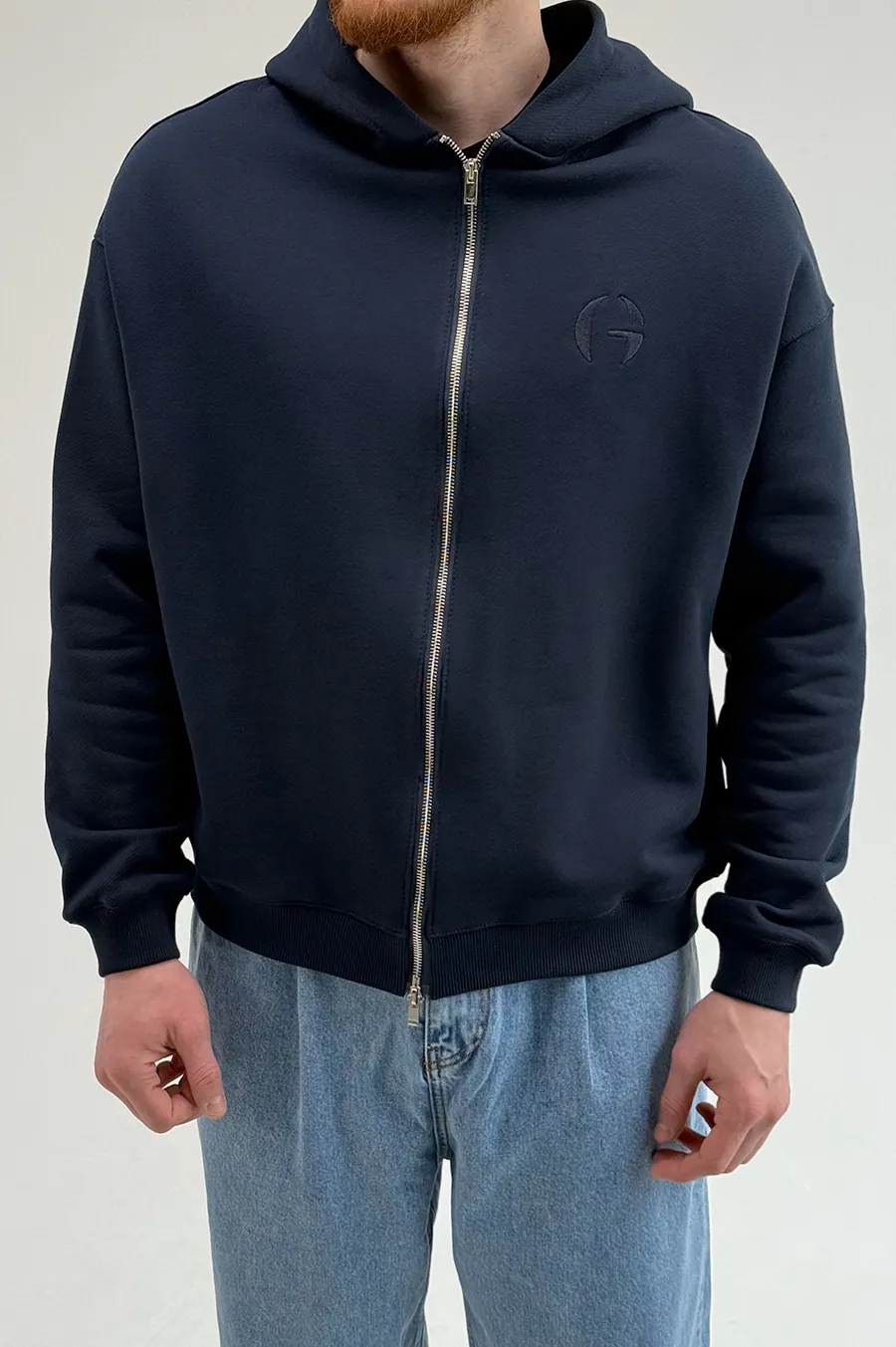 GARAGE Black Island diagonal cotton zip-up hoodie with T. Blue embroidery