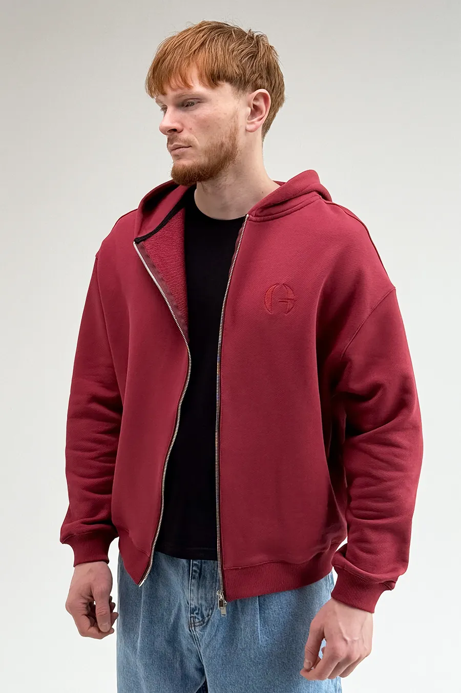 GARAGE Black Island zip up hoodie in diagonal cotton with bordeaux embroidery
