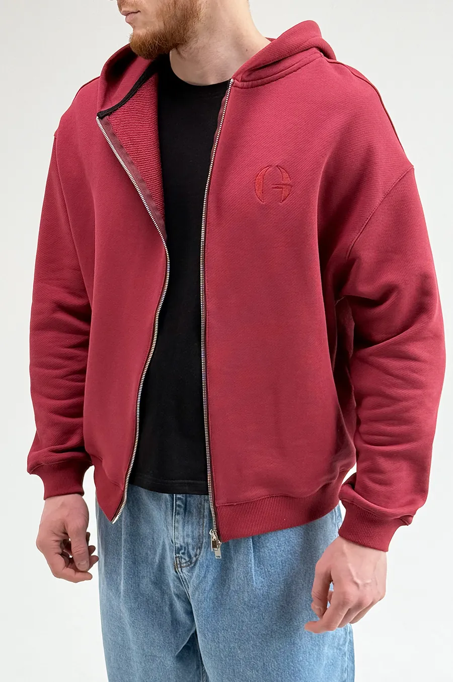 GARAGE Black Island zip up hoodie in diagonal cotton with bordeaux embroidery