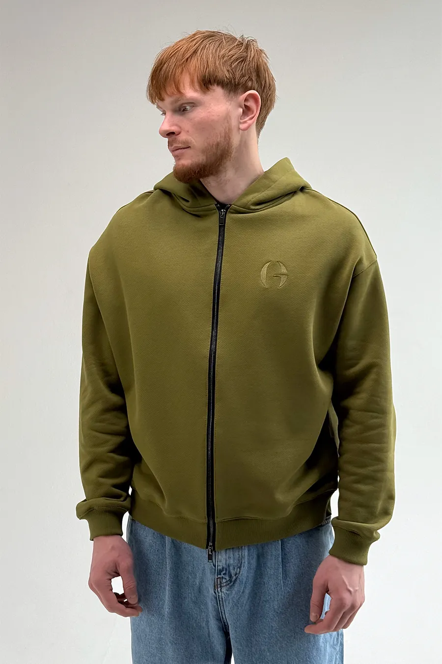 GARAGE Black Island Diagonal Cotton Zip Up Hoodie Olive