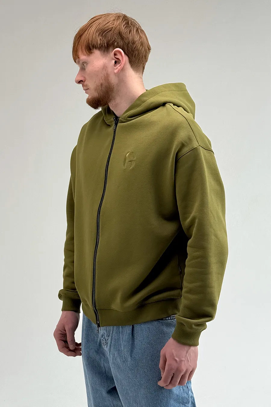 GARAGE Black Island Diagonal Cotton Zip Up Hoodie Olive