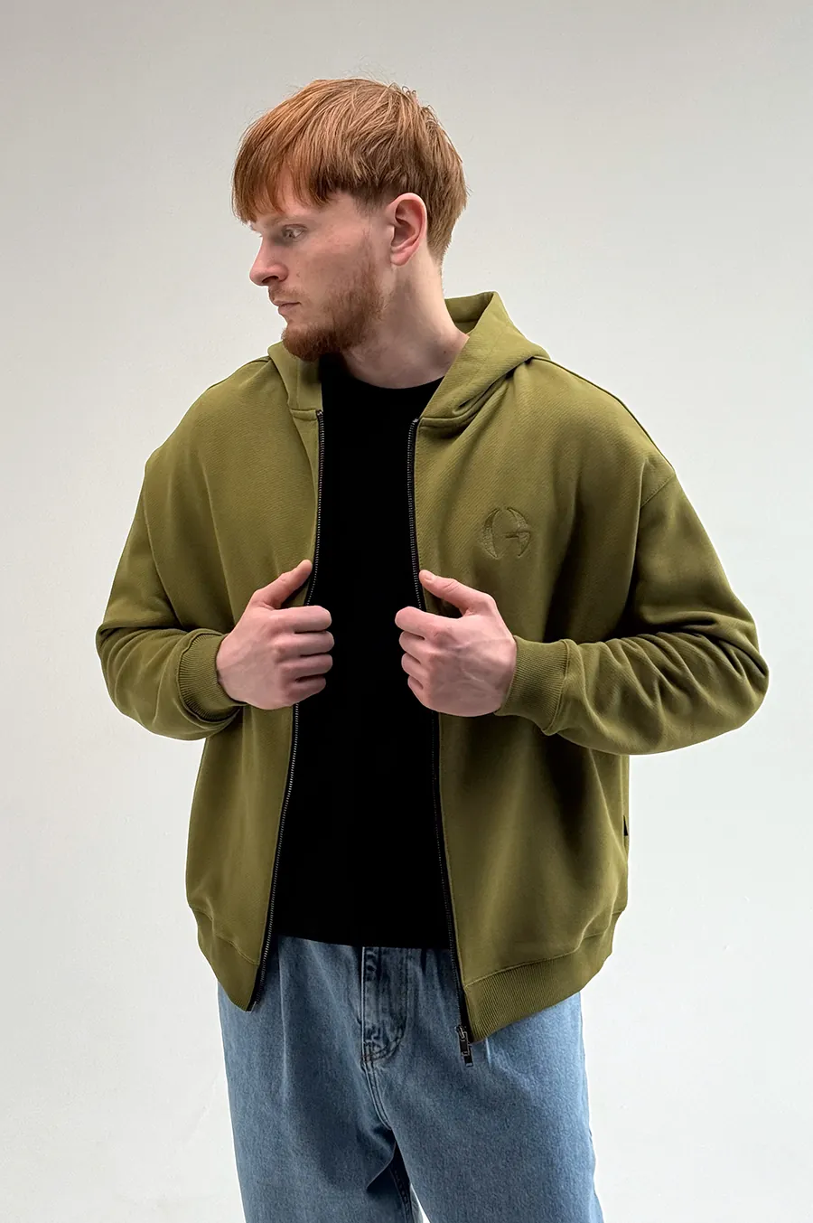 GARAGE Black Island Diagonal Cotton Zip Up Hoodie Olive