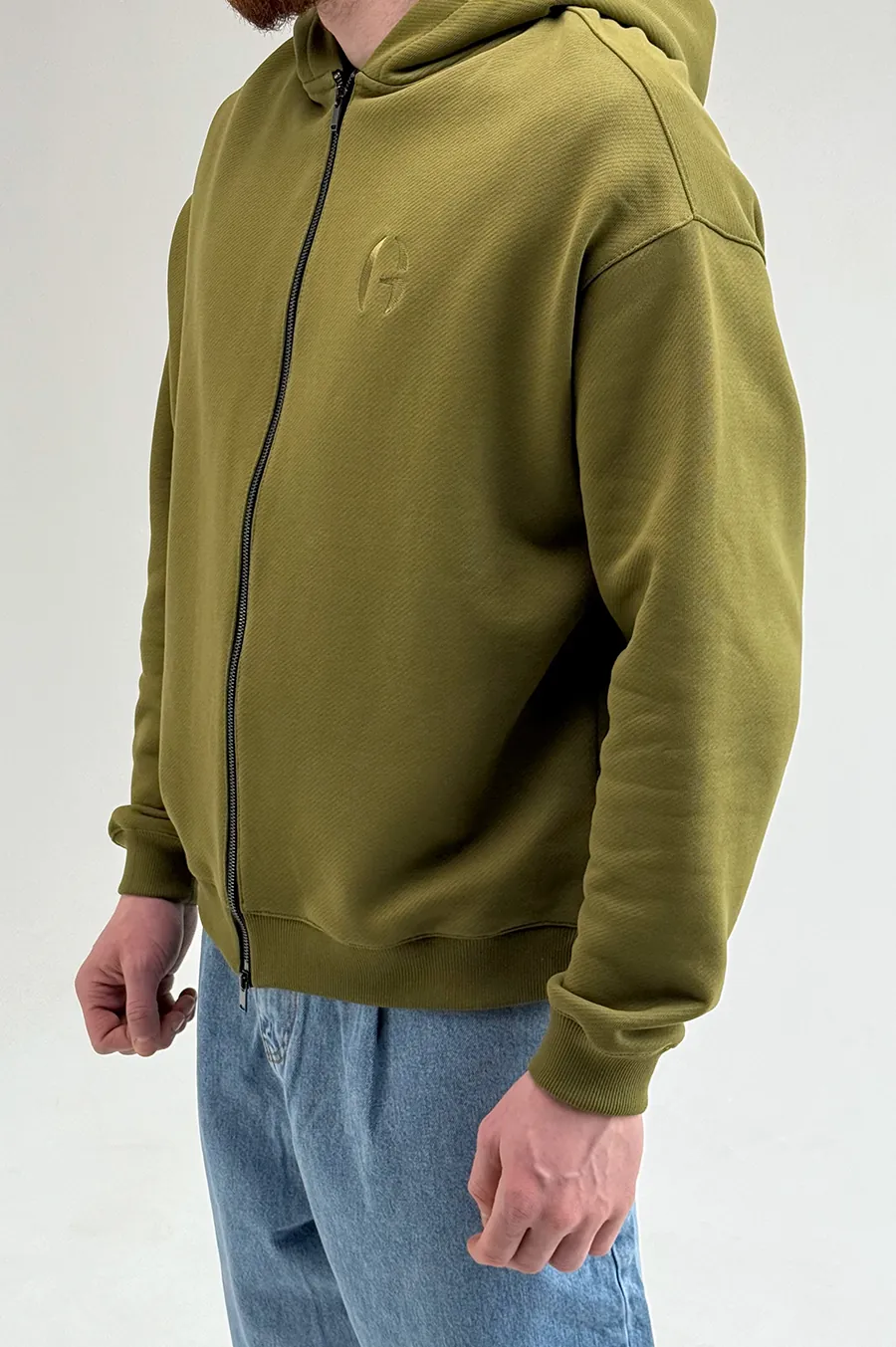 GARAGE Black Island Diagonal Cotton Zip Up Hoodie Olive