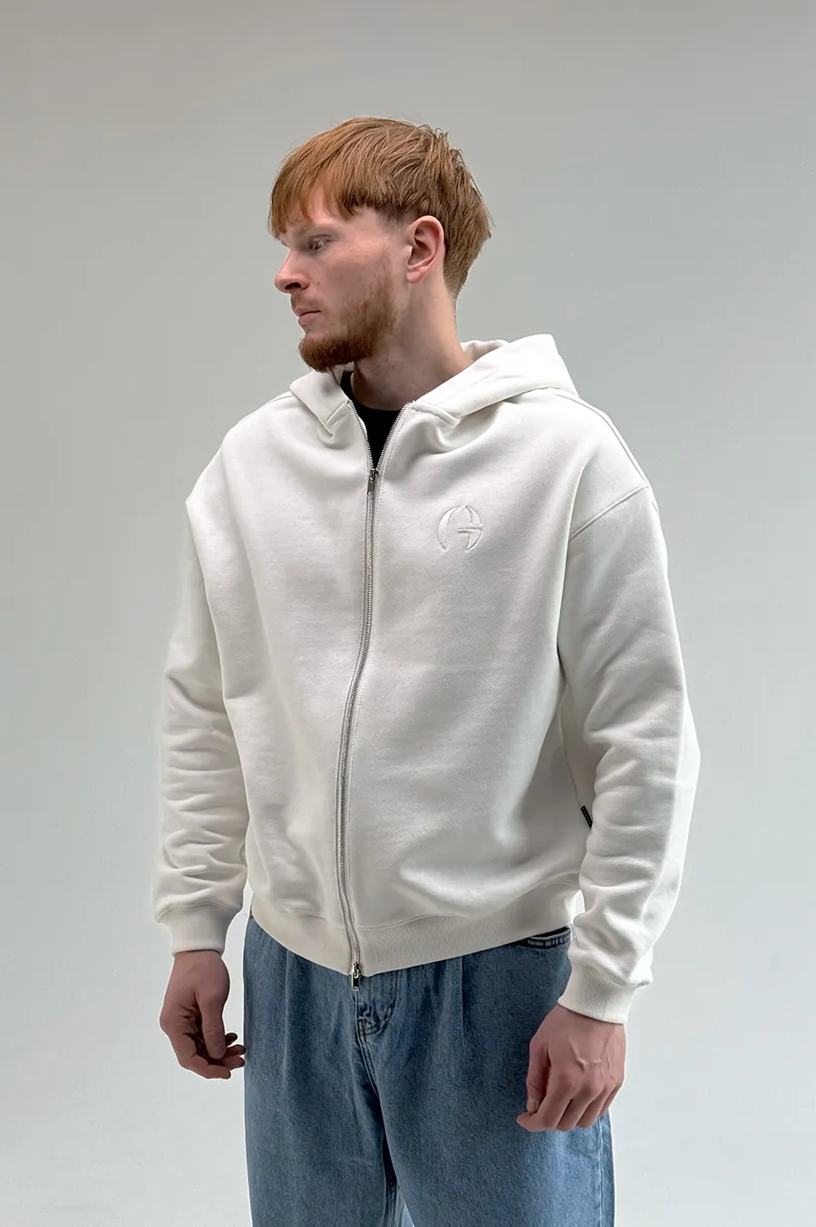 GARAGE Black Island Diagonal Cotton Zip Hoodie with Milk Embroidery