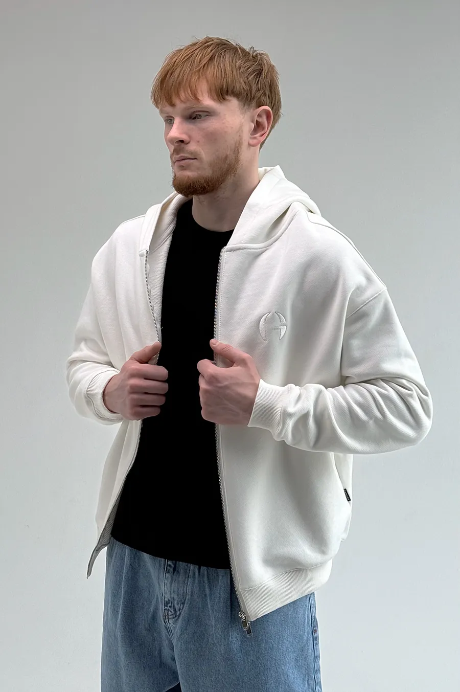 GARAGE Black Island Diagonal Cotton Zip Hoodie with Milk Embroidery
