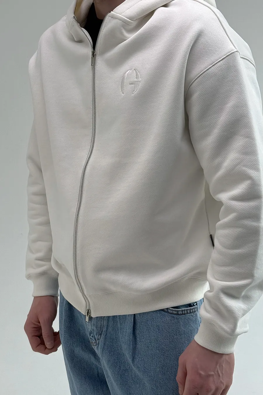 GARAGE Black Island Diagonal Cotton Zip Hoodie with Milk Embroidery